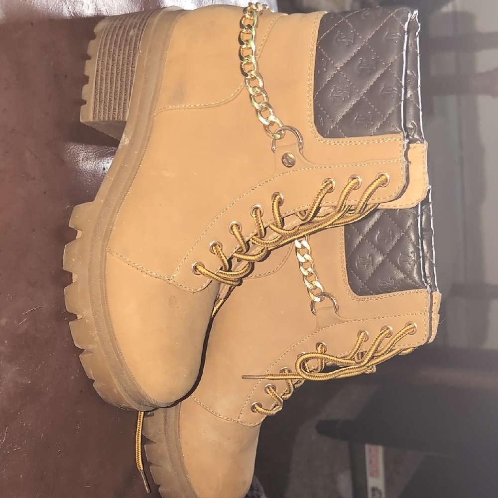 Tan Quilted Ankle Boots with Chain Detail